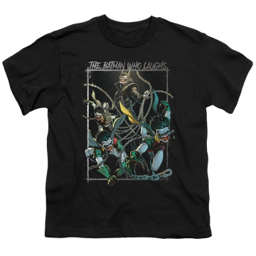 Black youth t-shirt for ages 8 to 12 with Joker Batman Who Laughs graphic