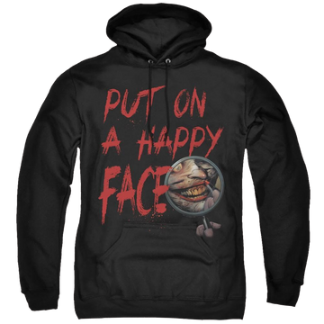 Black pullover hoodie with Joker Happy Face graphic