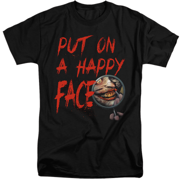 Black men's tall fit t-shirt with Joker Happy Face graphic