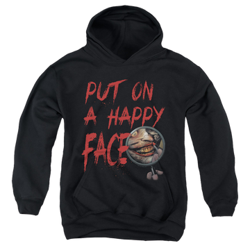 Black youth hoodie for ages 8 to 12 with Joker Happy Face graphic