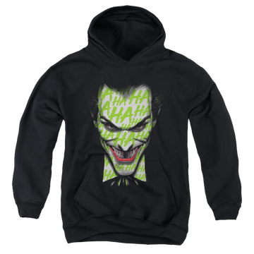 Black youth hoodie for ages 8 to 12 with Joker Ha Smile graphic
