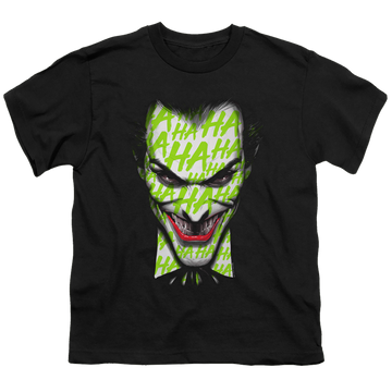 Black youth t-shirt for ages 8 to 12 with Joker Ha Smile graphic