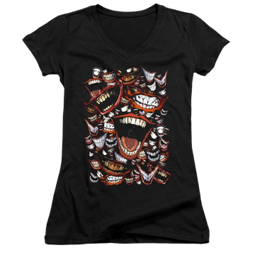 Black juniors v-neck t-shirt with Joker Famous Wretch graphic