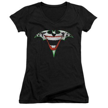 Black juniors v-neck t-shirt with Joker Bat Logo graphic