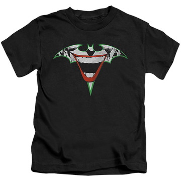 Black kid's t-shirt for ages 4 to 7 with Joker Bat Logo graphic