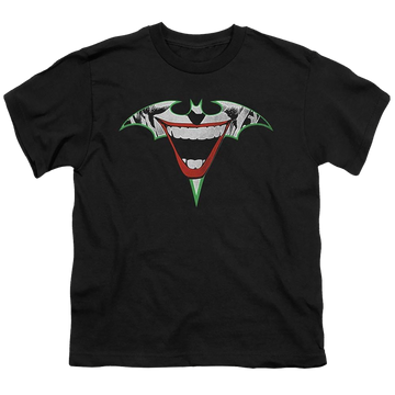 Black youth t-shirt for ages 8 to 12 with Joker Bat Logo graphic