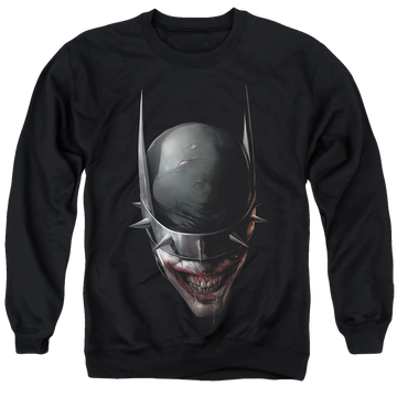 Black men's crewneck sweatshirt with Joker Batman Who Laughs Head graphic
