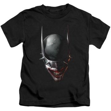Black kid's t-shirt for ages 4 to 7 with Joker Batman Who Laughs Head graphic