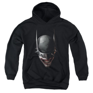 Black youth hoodie for ages 8 to 12 with Joker Batman Who Laughs Head graphic