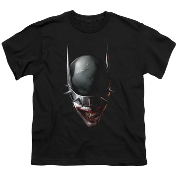 Black youth t-shirt for ages 8 to 12 with Joker Batman Who Laughs Head graphic