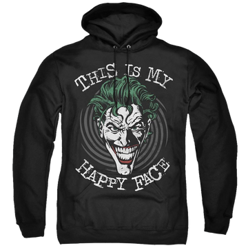 Black pullover hoodie with Joker Maniacal Spiral graphic