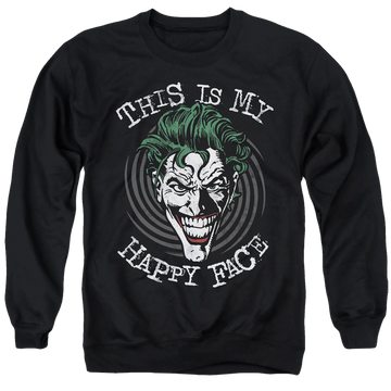 Black men's crewneck sweatshirt with Joker Maniacal Spiral graphic