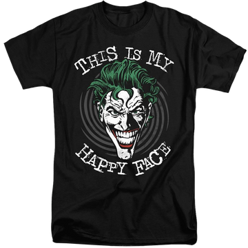 Black men's tall fit t-shirt with Joker Maniacal Spiral graphic