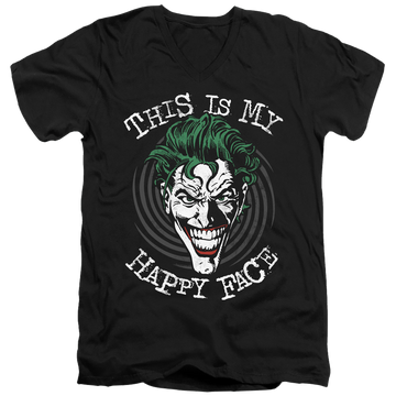 Black men's v-neck t-shirt with Joker Maniacal Spiral graphic