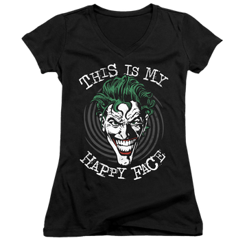 Black juniors v-neck t-shirt with Joker Maniacal Spiral graphic