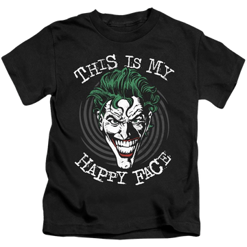 Black kid's t-shirt for ages 4 to 7 with Joker Maniacal Spiral graphic