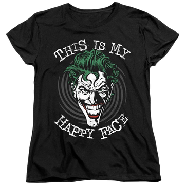 Black women's t-shirt with Joker Maniacal Spiral graphic