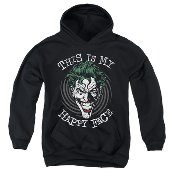 Black youth hoodie for ages 8 to 12 with Joker Maniacal Spiral graphic