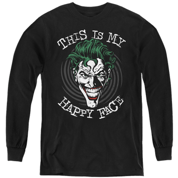 Black youth long sleeve t-shirt with Joker Maniacal Spiral graphic