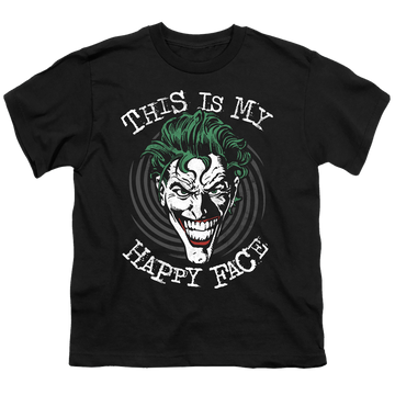 Black youth t-shirt for ages 8 to 12 with Joker Maniacal Spiral graphic