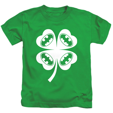 Kelly green kid's t-shirt for ages 4 to 7 with Batman Bat Clover graphic