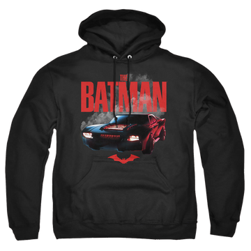 Black pullover hoodie with The Batman (2022) Batmobile graphic