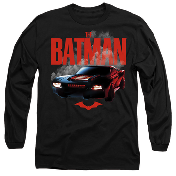 Black men's long sleeve t-shirt with The Batman (2022) Batmobile graphic