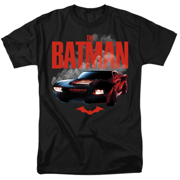 Black men's regular fit t-shirt with The Batman (2022) Batmobile graphic