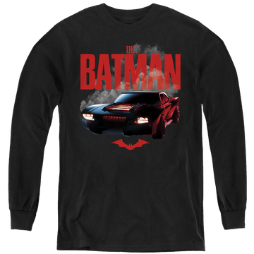 Black youth long sleeve t-shirt with The Batman (2022) Batmobile graphic