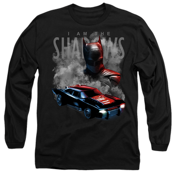 Black men's long sleeve t-shirt with The Batman (2022) Batman And Batmobile graphic