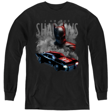 Black youth long sleeve t-shirt with The Batman (2022) Batman And Batmobile graphic