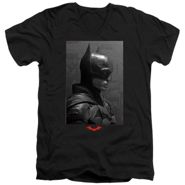 Black men's v-neck t-shirt with The Batman (2022) Worn Portrait graphic