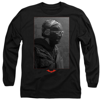 Black men's long sleeve t-shirt with The Batman (2022) Riddler Worn Portrait graphic
