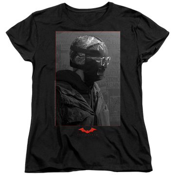 Black women's t-shirt with The Batman (2022) Riddler Worn Portrait graphic