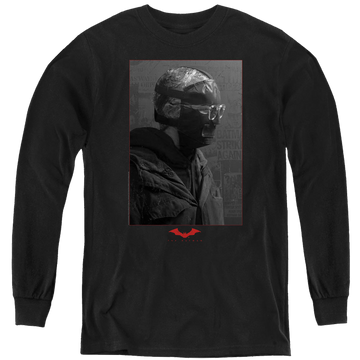 Black youth long sleeve t-shirt with The Batman (2022) Riddler Worn Portrait graphic