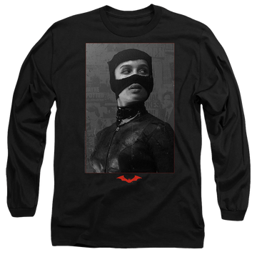 Black men's long sleeve t-shirt with The Batman (2022) Catwoman Worn Portrait graphic