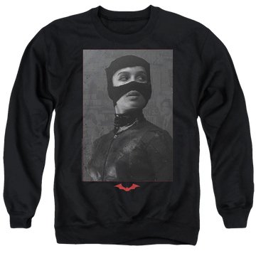 Black men's crewneck sweatshirt with The Batman (2022) Catwoman Worn Portrait graphic