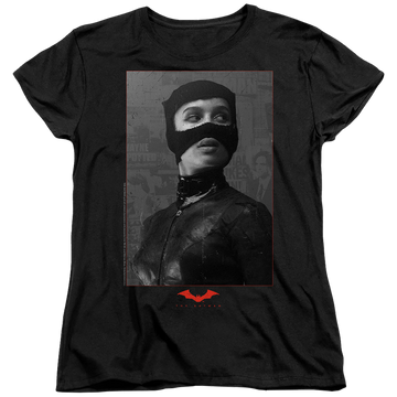 Black women's t-shirt with The Batman (2022) Catwoman Worn Portrait graphic