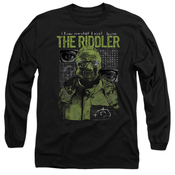 Black men's long sleeve t-shirt with The Batman (2022) Riddler Illustration graphic