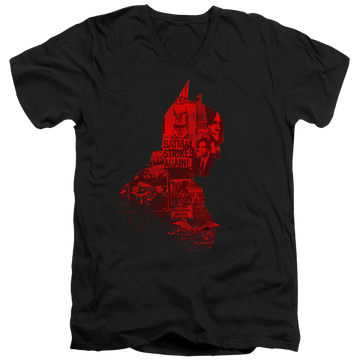 Black men's v-neck t-shirt with The Batman (2022) News Silhouette graphic