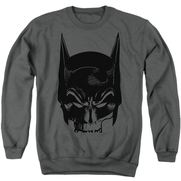 Charcoal men's crewneck sweatshirt with The Batman (2022) Skull On Gray graphic