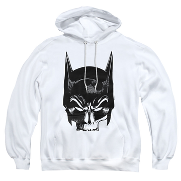 White pullover hoodie with The Batman (2022) Skull On White graphic