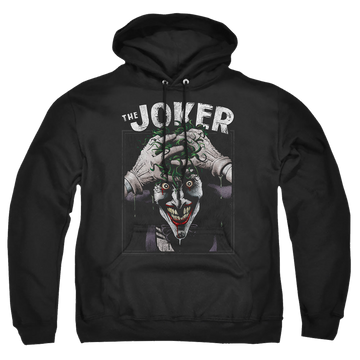 Black pullover hoodie with The Batman (2022) Crazed Joker graphic