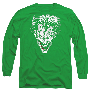 Kelly green men's long sleeve t-shirt with The Batman (2022) Joker Red On Green graphic