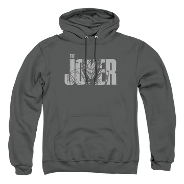 Charcoal pullover hoodie with The Batman (2022) Joker Text On Gray graphic