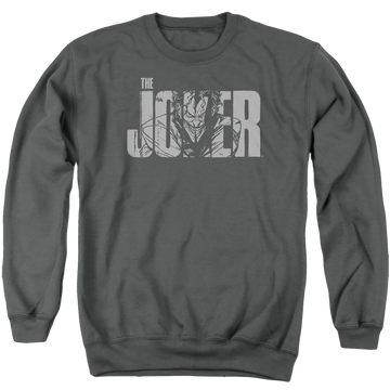 Charcoal men's crewneck sweatshirt with The Batman (2022) Joker Text On Gray graphic
