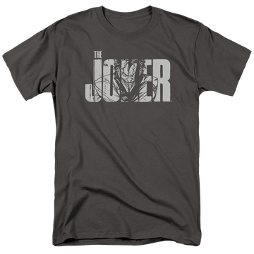 Charcoal men's regular fit t-shirt with The Batman (2022) Joker Text On Gray graphic