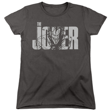 Charcoal women's t-shirt with The Batman (2022) Joker Text On Gray graphic