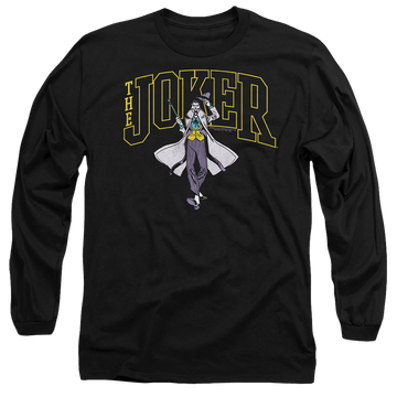 Black men's long sleeve t-shirt with The Batman (2022) Joker Varsity On Black graphic