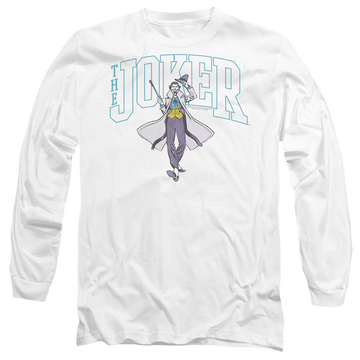 White men's long sleeve t-shirt with The Batman (2022) Joker Varsity On White graphic